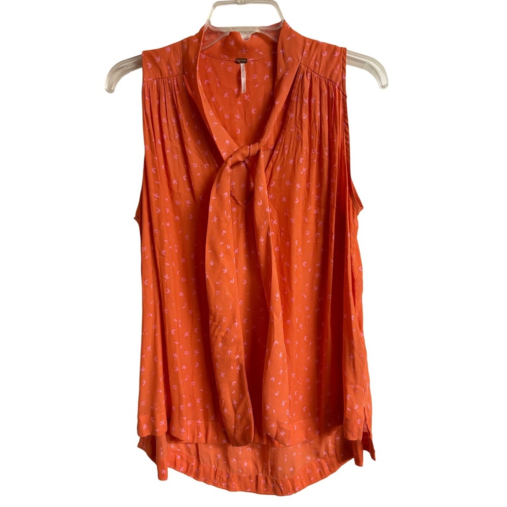 Free People Orange Pink Print Tie Neck Sleeveless Blouse Boho Coastal Top Medium